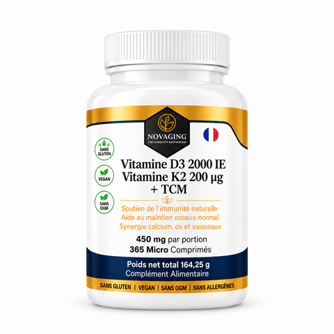 NovAging Vitamine D3 + K2 + TCM — 365 micro-comprimés — grand flacon harmonisé